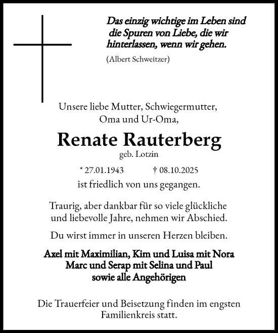 Traueranzeige von Renate Rauterberg von Heimatspiegel