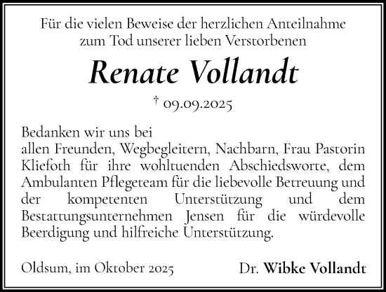 Traueranzeige von Renate Vollandt von Der Insel-Bote