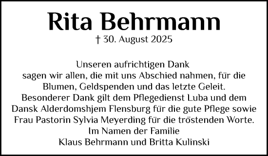 Traueranzeige von Rita Behrmann von Flensburger Tageblatt