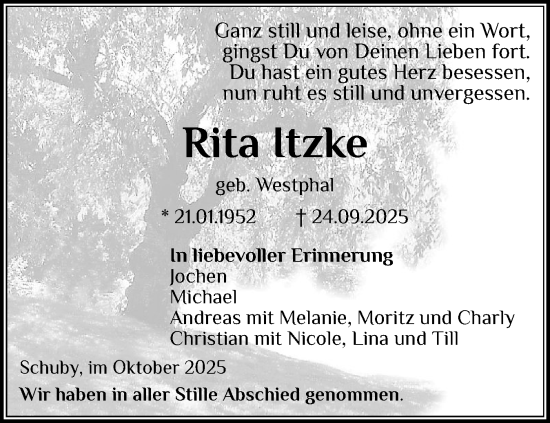 Traueranzeige von Rita Itzke von Schleswiger Nachrichten, Schlei-Bote, Eckernförder Zeitung