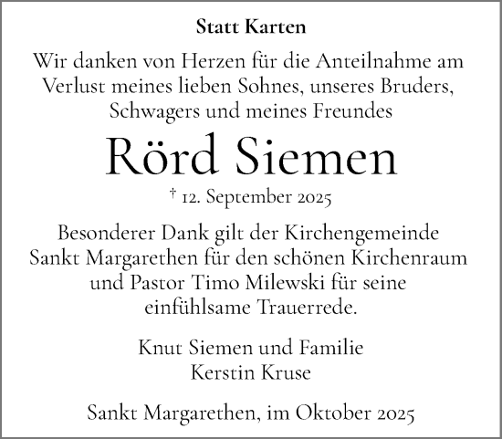 Traueranzeige von Rörd Siemen von Norddeutsche Rundschau, Wilstersche Zeitung, Glückstädter Fortuna