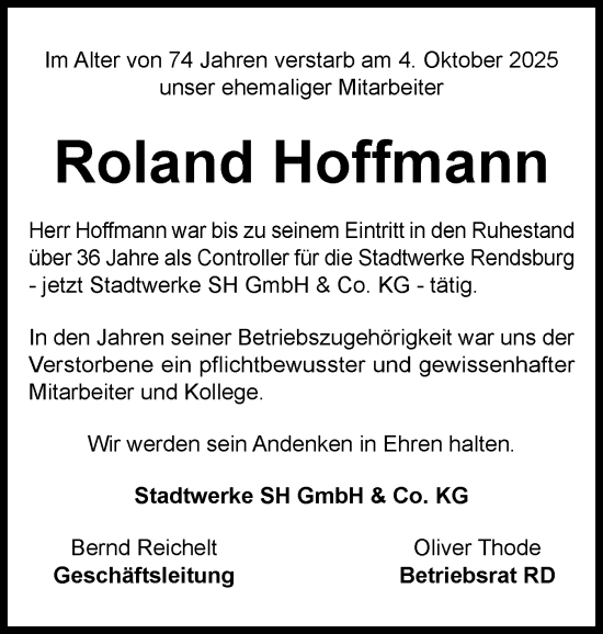 Traueranzeige von Roland Hoffmann von Schleswig-Holsteinische Landeszeitung