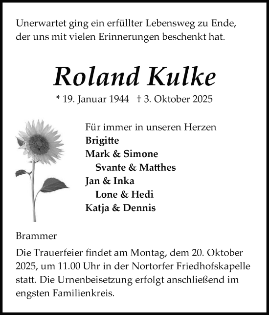 Traueranzeige von Roland Kulke von Schleswig-Holsteinische Landeszeitung