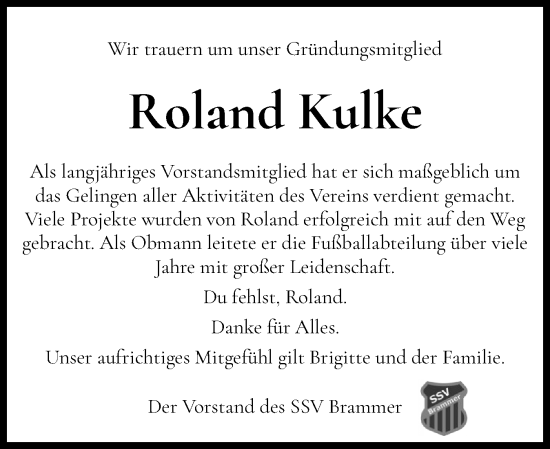 Traueranzeige von Roland Kulke von Schleswig-Holsteinische Landeszeitung