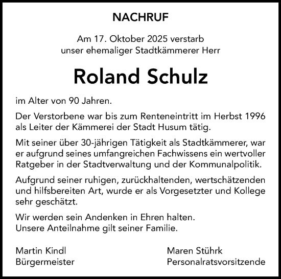 Traueranzeige von Roland Schulz von Die WochenSchau Nordfriesland