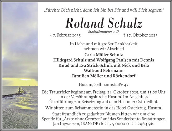 Traueranzeige von Roland Schulz von Husumer Nachrichten, Nordfriesland Tageblatt