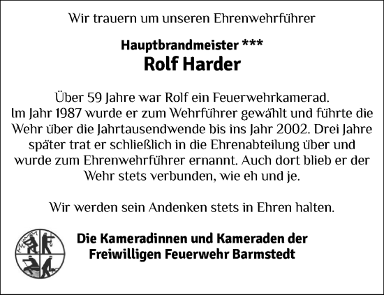 Traueranzeige von Rolf Harder von Elmshorner Nachrichten, Barmstedter Zeitung