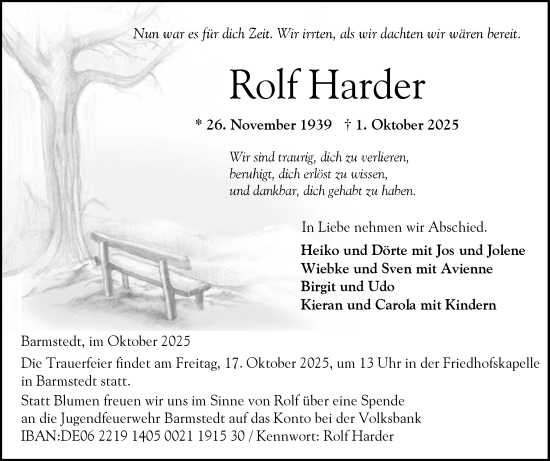 Traueranzeige von Rolf Harder von Elmshorner Nachrichten, Barmstedter Zeitung