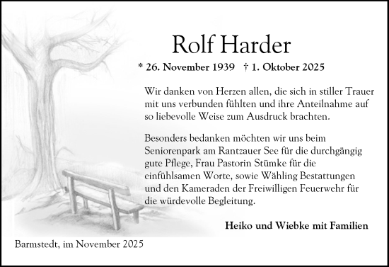 Traueranzeige von Rolf Harder von Elmshorner Nachrichten, Barmstedter Zeitung