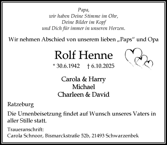 Traueranzeige von Rolf Henne von MARKT Ratzeburg/Mölln