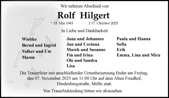 Traueranzeige von Rolf Hilgert von MARKT Ratzeburg/Mölln