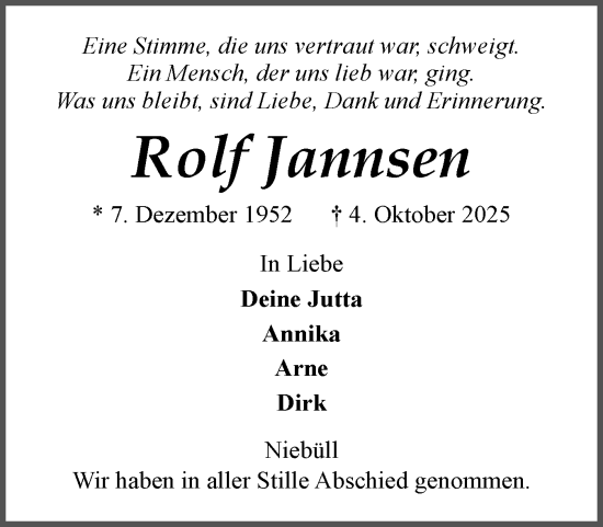 Traueranzeige von Rolf Jannsen von Husumer Nachrichten, Nordfriesland Tageblatt