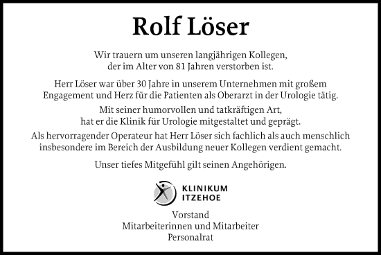 Traueranzeige von Rolf Löser von Norddeutsche Rundschau, Wilstersche Zeitung, Glückstädter Fortuna