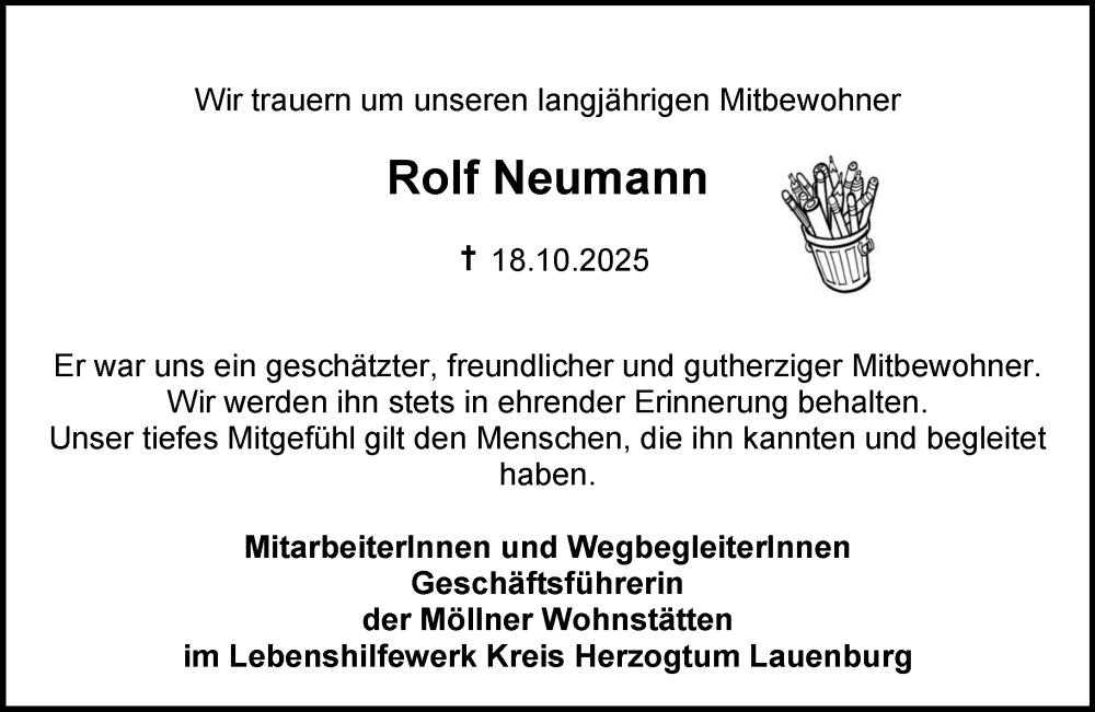  Traueranzeige für Rolf Neumann vom 01.11.2025 aus MARKT Ratzeburg/Mölln