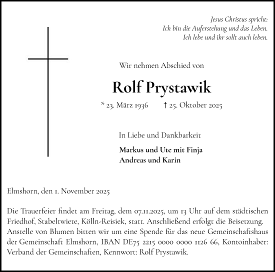 Traueranzeige von Rolf Prystawik von Elmshorner Nachrichten, Barmstedter Zeitung
