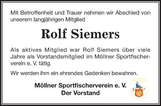 Traueranzeige von Rolf Siemers von MARKT Ratzeburg/Mölln