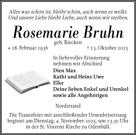 Traueranzeige von Rosemarie Bruhn von Husumer Nachrichten, Nordfriesland Tageblatt