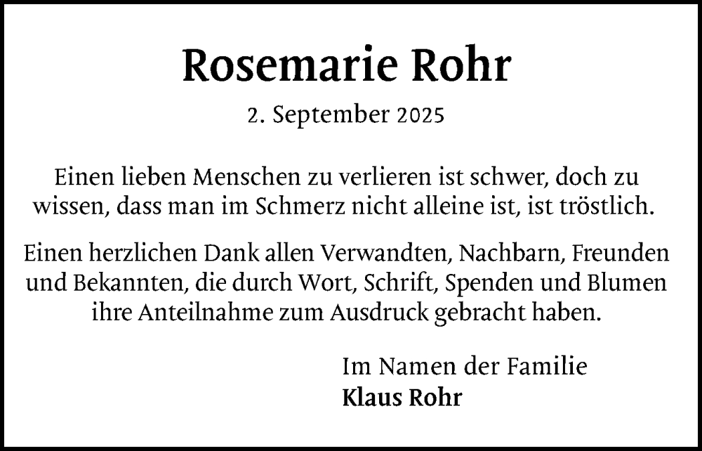  Traueranzeige für Rosemarie Rohr vom 18.10.2025 aus Region Pinneberg und tip Pinneberg