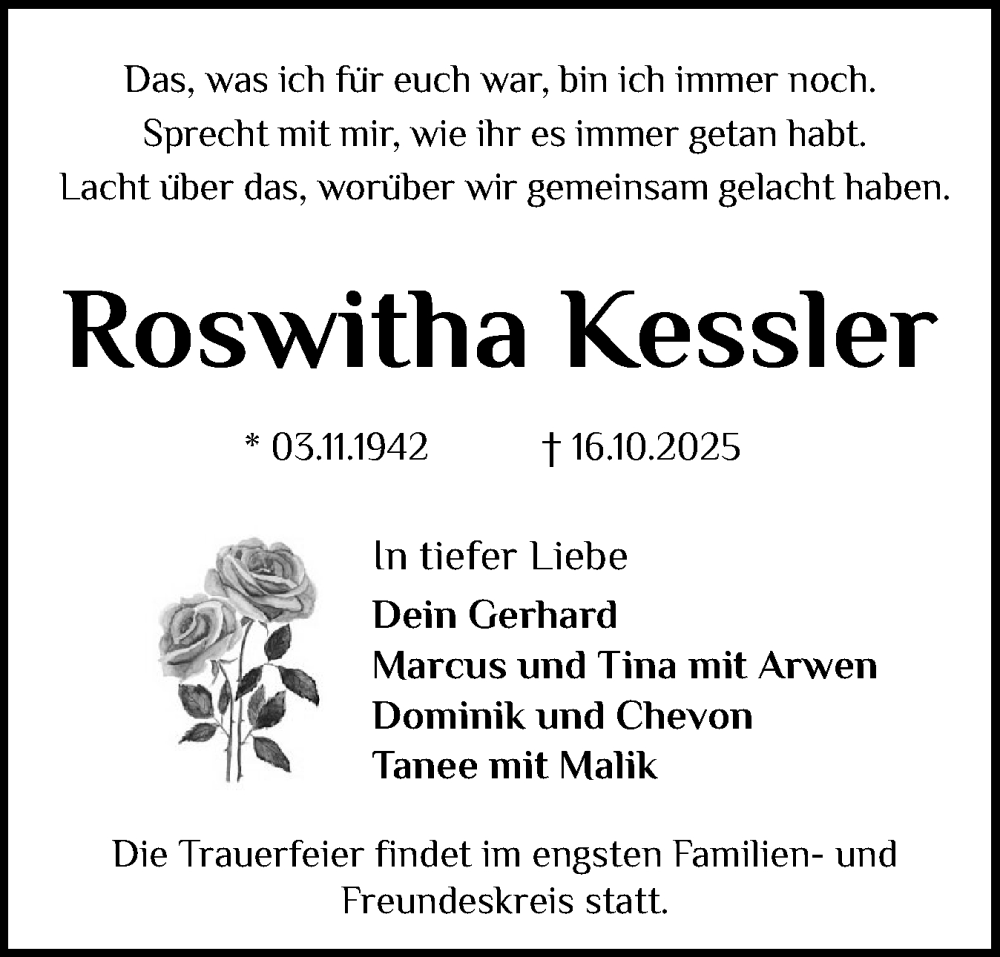  Traueranzeige für Roswitha Kessler vom 25.10.2025 aus Norddeutsche Rundschau, Wilstersche Zeitung, Glückstädter Fortuna