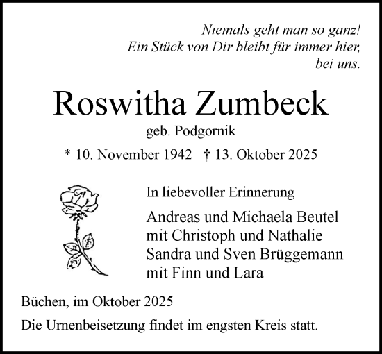 Traueranzeige von Roswitha Zumbeck von Wochenend Anzeiger