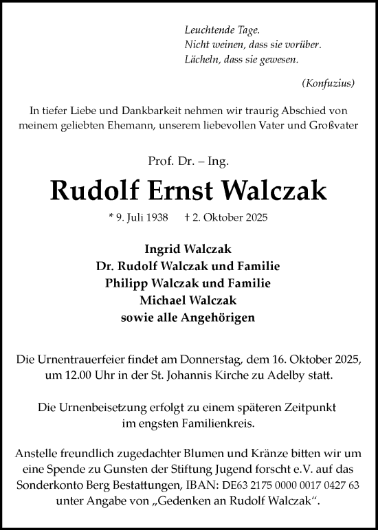 Traueranzeige von Rudolf Ernst Walczak von Flensburger Tageblatt
