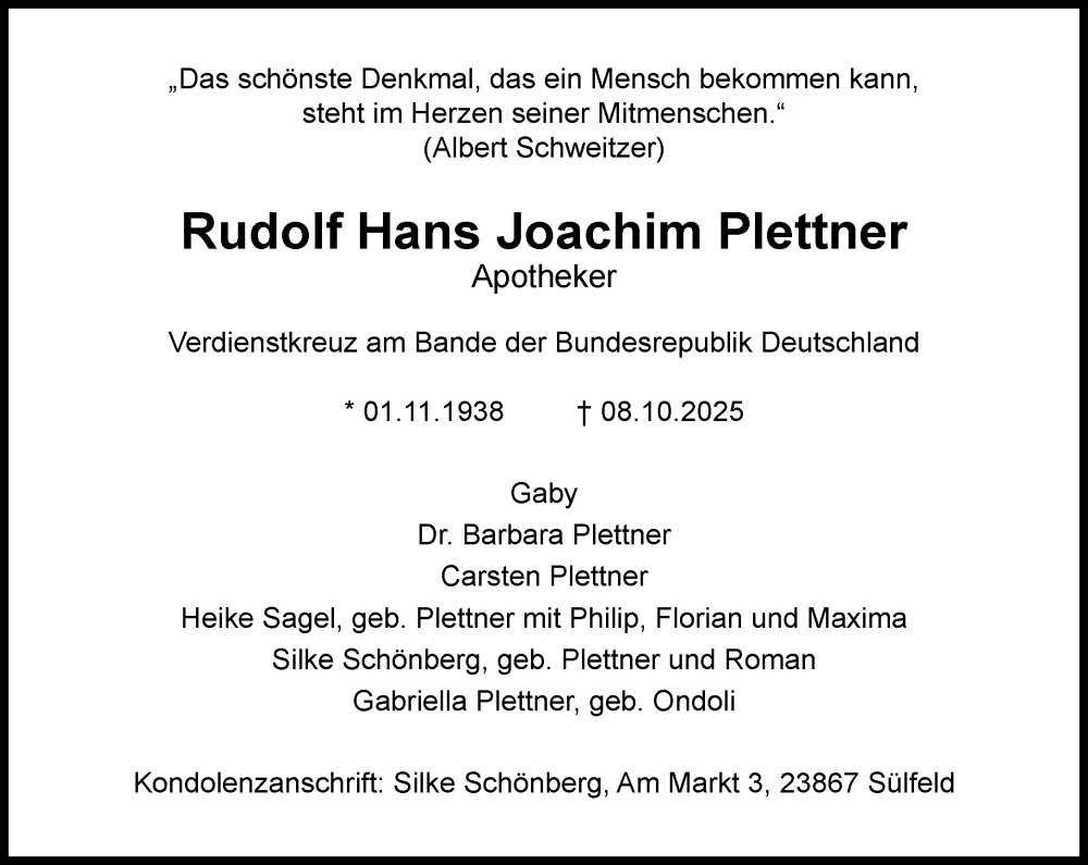  Traueranzeige für Rudolf Hans Joachim Plettner vom 18.10.2025 aus MARKT Ahrensburg/Bargteheide/Trittau und Stormarner Tageblatt