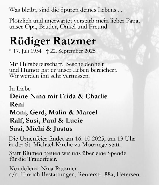 Traueranzeige von Rüdiger Ratzmer von Uetersener Nachrichten, Der tip am Wochenende
