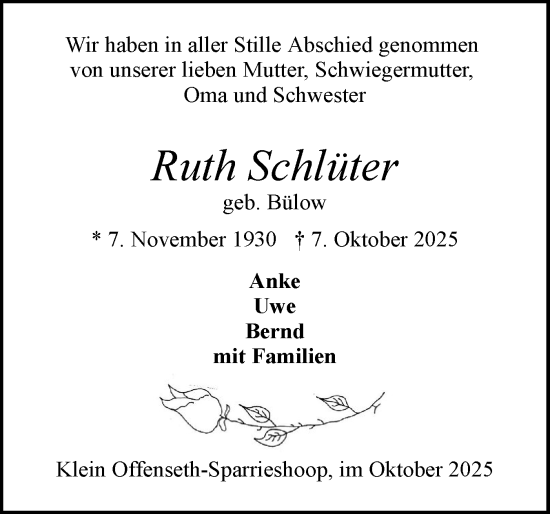Traueranzeige von Ruth Schlüter von Elmshorner Nachrichten, Barmstedter Zeitung