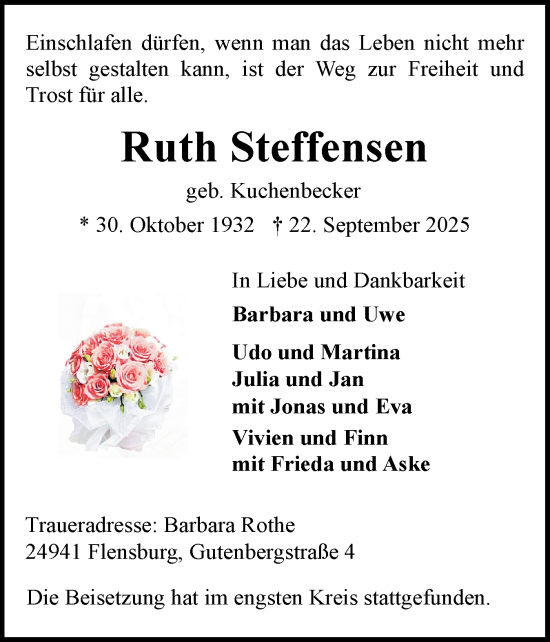 Traueranzeige von Ruth Steffensen von Flensburger Tageblatt