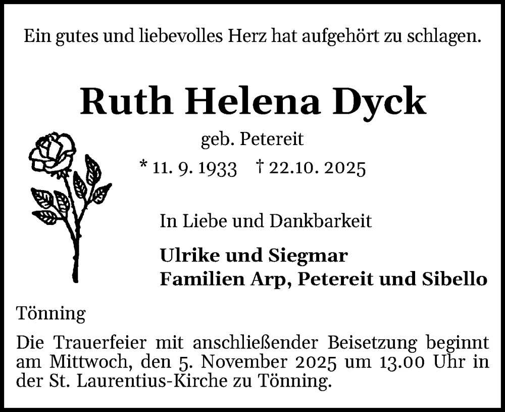  Traueranzeige für Ruth Helena Dyck vom 01.11.2025 aus Husumer Nachrichten, Nordfriesland Tageblatt