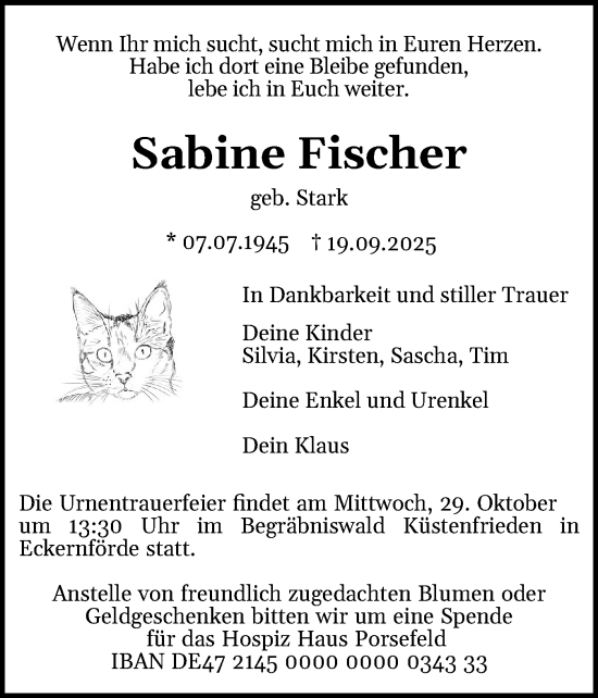 Traueranzeige von Sabine Fischer von Schleswig-Holsteinische Landeszeitung