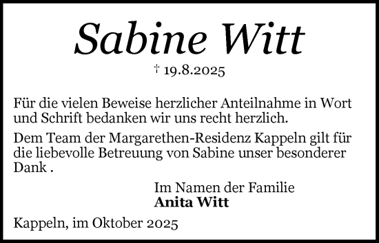Traueranzeige von Sabine Witt von Schleswiger Nachrichten, Schlei-Bote