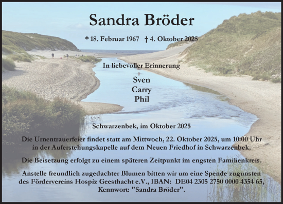 Traueranzeige von Sandra Bröder von Wochenend Anzeiger