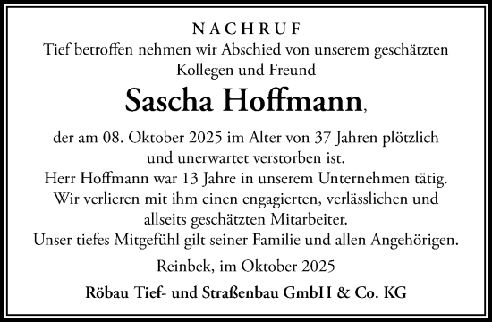 Traueranzeige von Sascha Hoffmann von MARKT Ratzeburg/Mölln