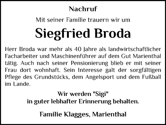 Traueranzeige von Siegfried Broda von Eckernförder Zeitung, Hallo Eckernförde