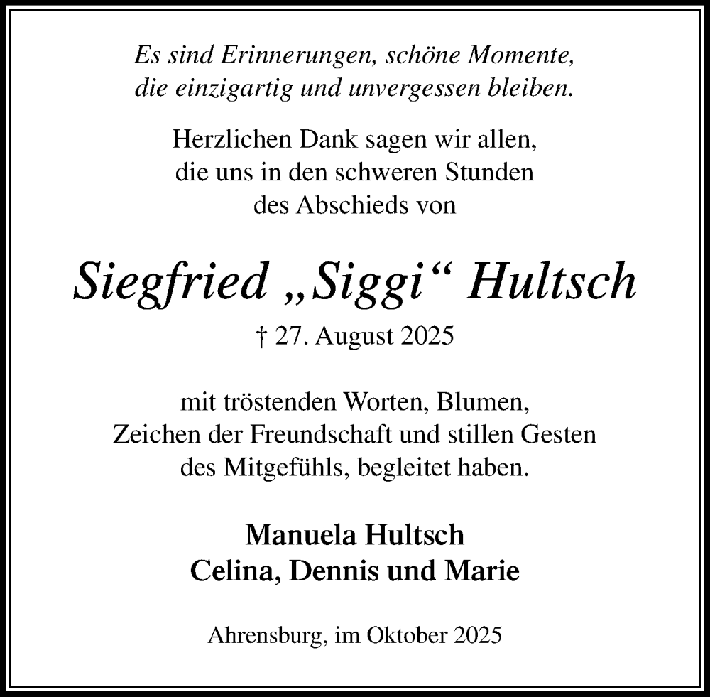  Traueranzeige für Siegfried Hultsch vom 04.10.2025 aus MARKT Ahrensburg/Bargteheide/Trittau und Stormarner Tageblatt