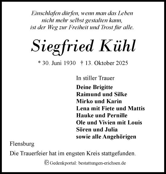 Traueranzeige von Siegfried Kühl von Flensburger Tageblatt