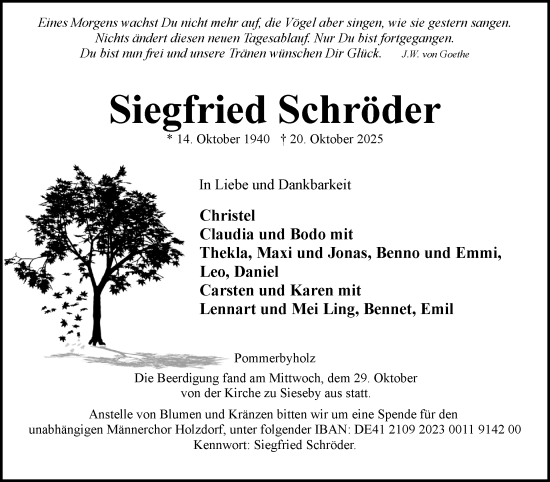 Traueranzeige von Siegfried Schröder von Hallo Eckernförde