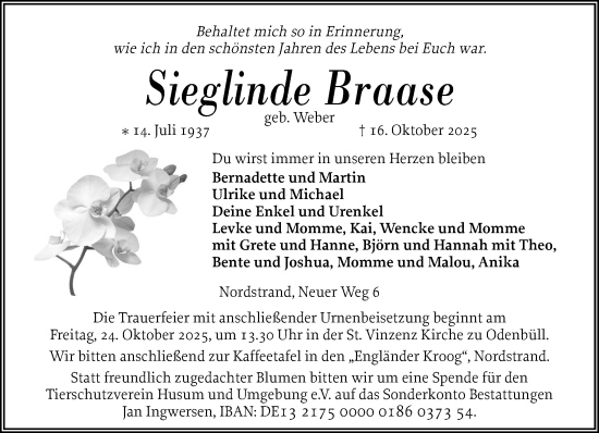 Traueranzeige von Sieglinde Braase von Husumer Nachrichten, Nordfriesland Tageblatt