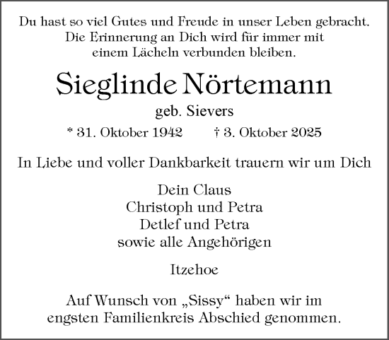 Traueranzeige von Sieglinde Nörtemann von Norddeutsche Rundschau, Wilstersche Zeitung, Glückstädter Fortuna
