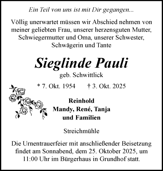 Traueranzeige von Sieglinde Pauli von Flensburger Tageblatt