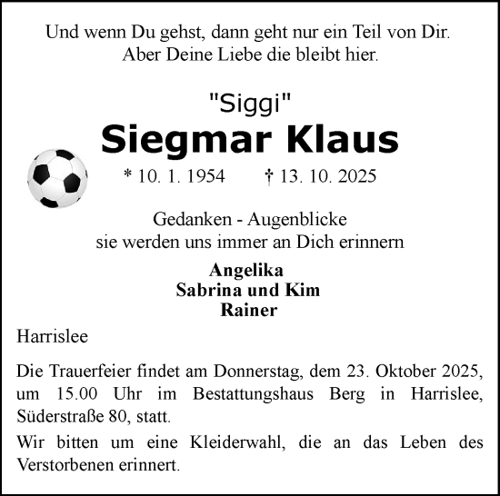 Traueranzeige von Siegmar Klaus von Flensburger Tageblatt