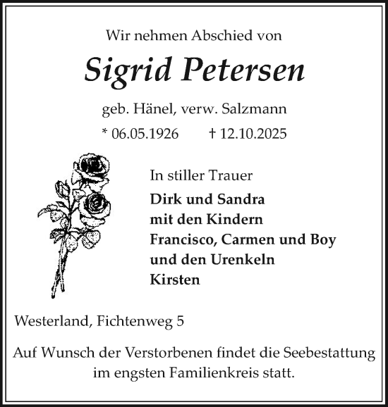 Traueranzeige von Sigrid Petersen von Sylter Rundschau