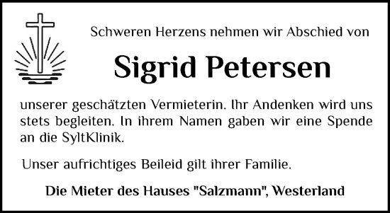 Traueranzeige von Sigrid Petersen von Sylter Rundschau