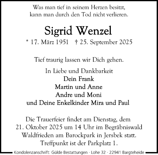 Traueranzeige von Sigrid Wenzel von MARKT Ahrensburg/Bargteheide/Trittau und Stormarner Tageblatt