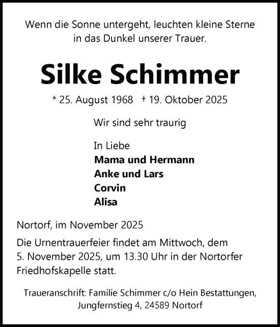 Traueranzeige von Silke Schimmer von Schleswig-Holsteinische Landeszeitung