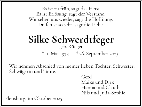 Traueranzeige von Silke Schwerdtfeger von Flensburger Tageblatt
