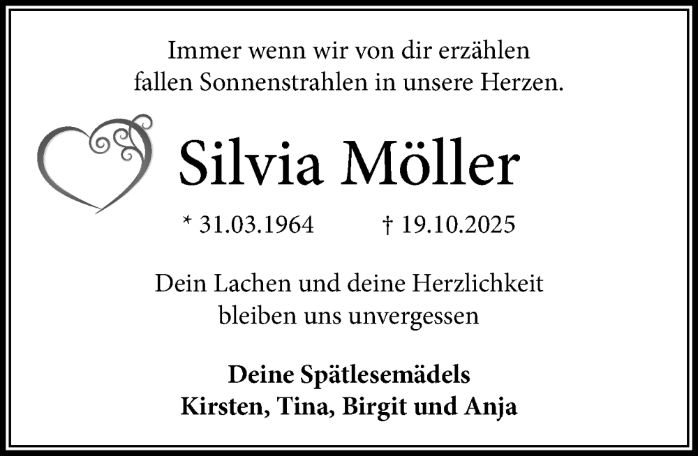  Traueranzeige für Silvia Möller vom 25.10.2025 aus MARKT Ahrensburg/Bargteheide/Trittau und Stormarner Tageblatt