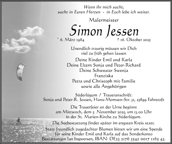 Traueranzeige von Simon Jessen von Husumer Nachrichten, Nordfriesland Tageblatt