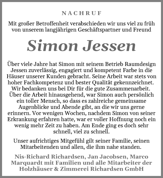 Traueranzeige von Simon Jessen von Husumer Nachrichten, Nordfriesland Tageblatt